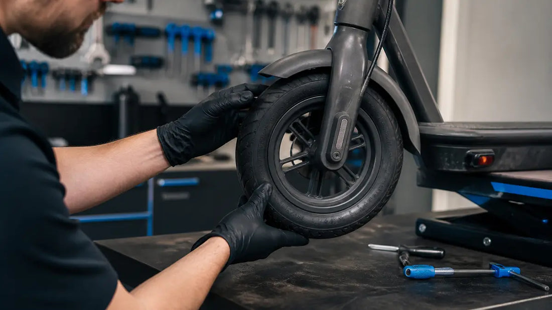 Mécanicien contrôlant le pneu d’une trottinette électrique