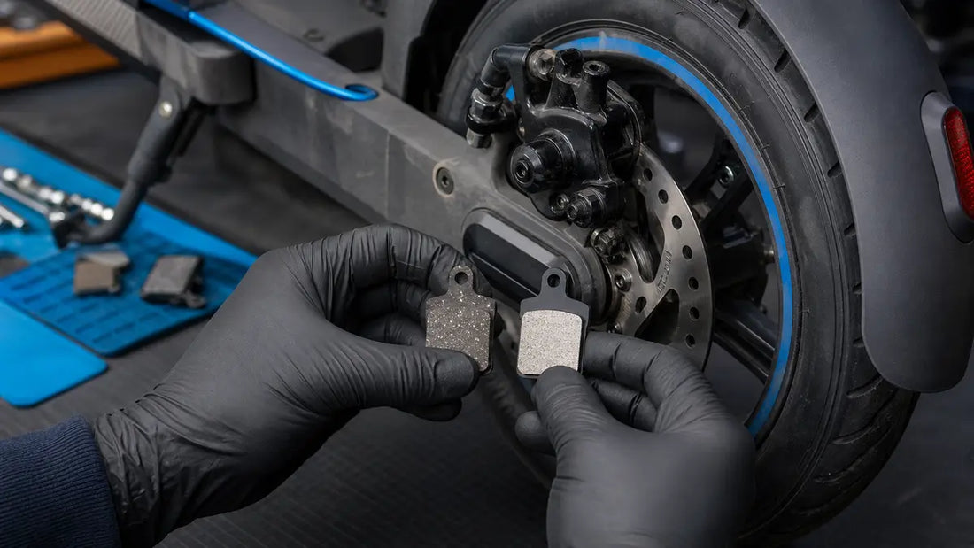 Comparaison de plaquettes de frein usées et neuves sur une trottinette électrique