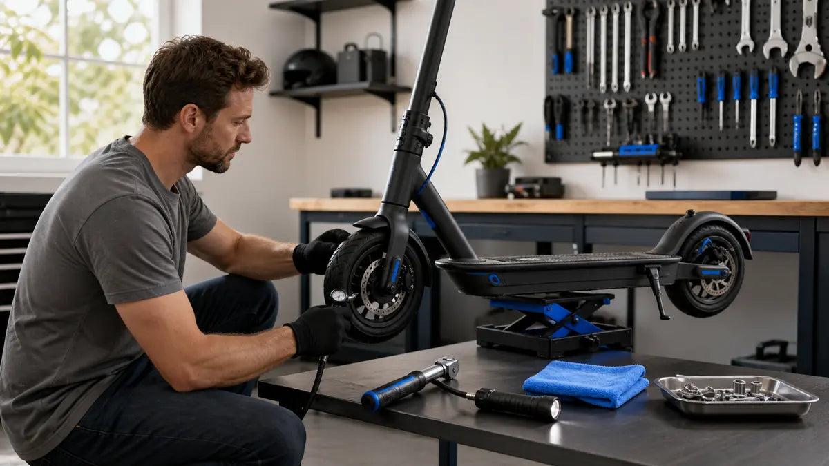 Entretien régulier d’une trottinette électrique dans un atelier