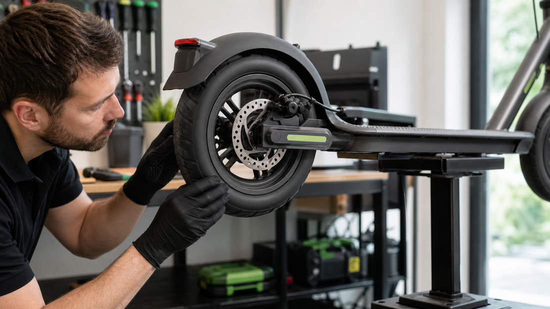 Technicien contrôlant une roue arrière de trottinette électrique dans un atelier