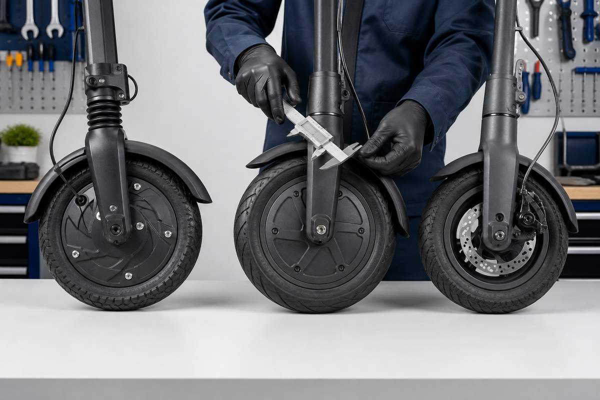 Comparaison de trois roues avant de trottinettes électriques sur un établi