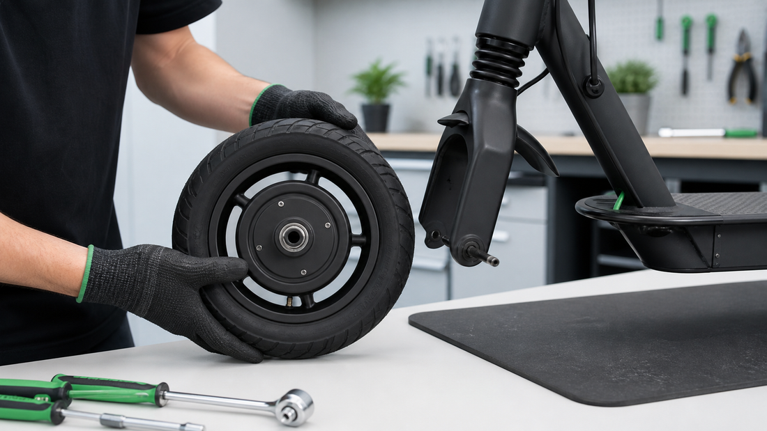 Technicien vérifiant une roue complète avant son montage sur une trottinette électrique