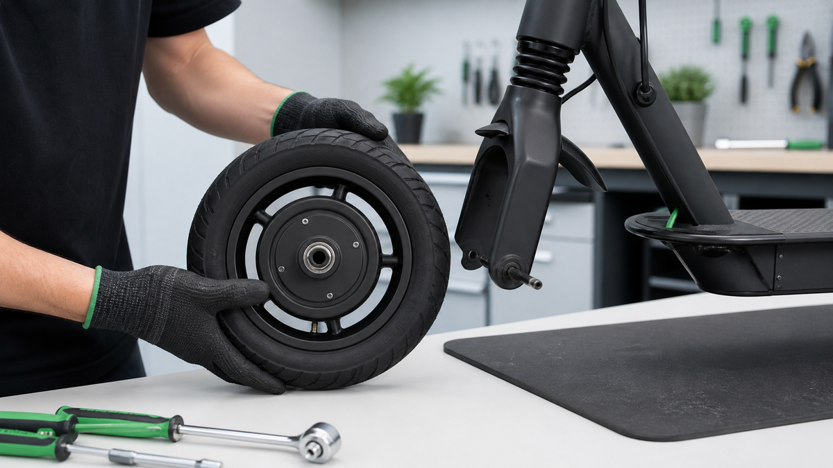 Technicien vérifiant une roue complète avant son montage sur une trottinette électrique