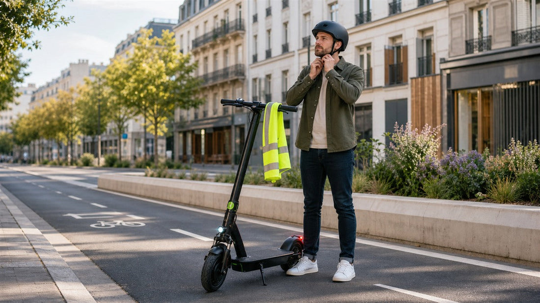 Conducteur casqué préparant sa trottinette électrique sur une piste cyclable en France