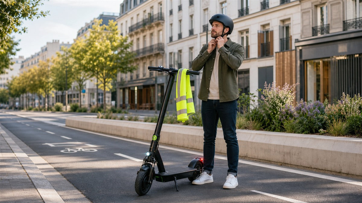 Conducteur casqué préparant sa trottinette électrique sur une piste cyclable en France