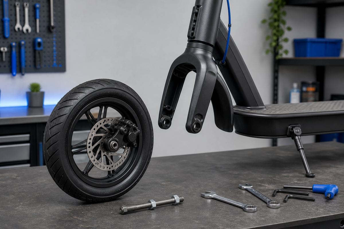 Roue avant de trottinette électrique contrôlée avant son montage dans une fourche