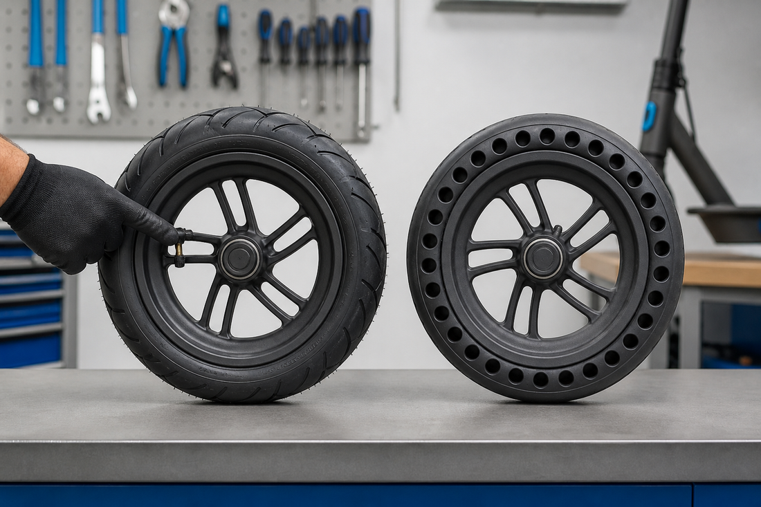 Comparaison entre une roue de trottinette à pneu gonflable et une roue à pneu plein