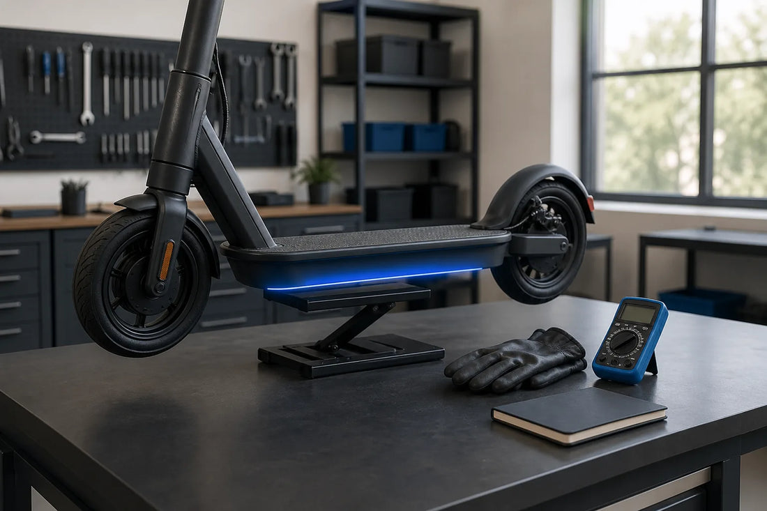 Contrôle extérieur de la batterie d'une trottinette électrique dans un atelier