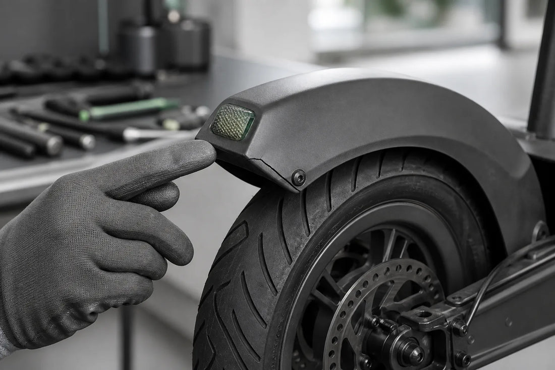 Inspection d'un garde-boue arrière fissuré sur une trottinette électrique